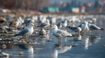 Seagulls standing in polluted water highlighting environmental crisis and urgent need for wildlife protection