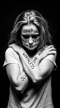 Young woman with stop bullying message and hate words written on her body embracing herself in black and white dramatic portrait.