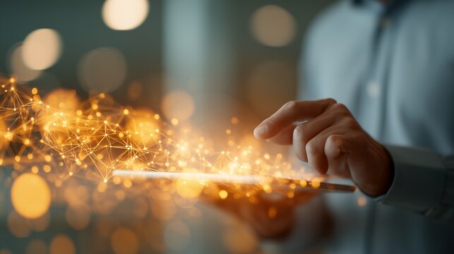 Businessman's hand touching a tablet displaying glowing digital plexus network visualization, concept for digital transformation, big data analysis and global networking - Powered by Adobe