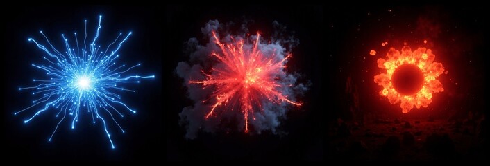 Collection of light effects resembling fireworks, explosions, and glowing balls against a dark background.