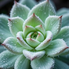 Macro Close-up of Succulent Plant with Tiny Dew Drops on Green Leaves for Nature Wellness and Skincare Concept