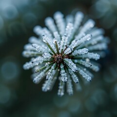Macro Close-up of Frozen Pine Needles with Sparkling Ice Crystals for Winter Season and Nature Background