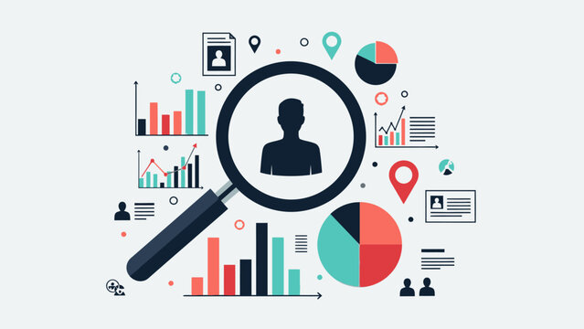 Human Resources Recruitment Process with Magnifying Glass and Data Analytics on Isolated White Background.