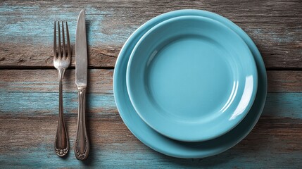 Elegant turquoise ceramic plates with vintage silverware resting on weathered wooden surface, showcasing minimalist dining aesthetic and rustic charm