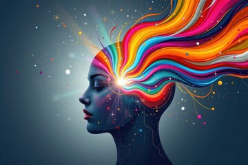 an abstract representation of mental clarity and focus, featuring a calm human head with flowing waves of light and color emerging from the brain, illustrating mindfulness, creativity.