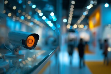 Modern surveillance camera with illuminated orange lens monitoring a futuristic corporate hallway with blue bokeh lights, concept for security systems, public safety and modern technology