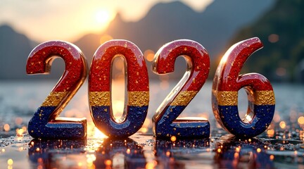 A vibrant 2026 stands sparkling on a reflective surface, illuminated by a glorious sunset over serene waters and distant peaks.