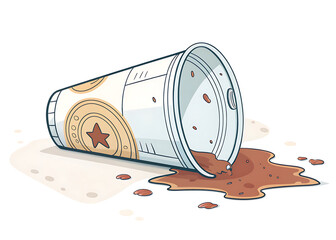 Crushed disposable cup tipped sideways, flat vector, white background.