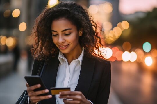Young financial executive using smartphone and gold credit card for secure mobile payment in the city evening, concept for online transaction, digital banking and e-commerce - Powered by Adobe