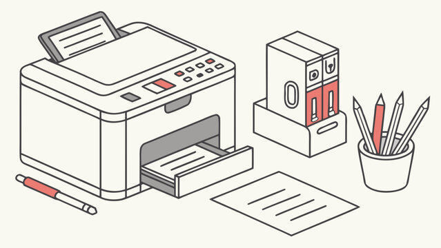 Clean illustration of office supplies on a desk, featuring a printer, paper, pens, and binders.