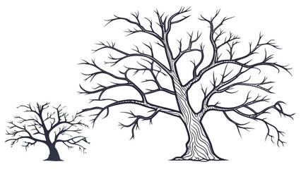 Obraz premium Silhouetted bare trees stand against a stark background, one small sapling and one large mature tree.