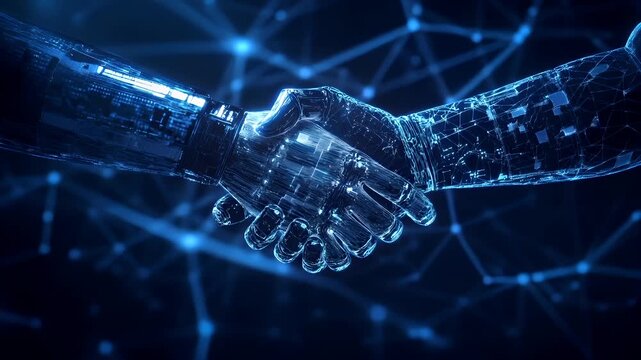 AI. Science technology. Hightech. Hologram. VR. AR. Background. robot hand reaching out to another hand, with digital interface and glowing blue lights, set against a dark.