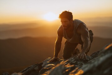Muscular male athlete intensely climbing a rocky mountain peak at dramatic golden sunset, concept for sports motivation, overcoming adversity and fitness campaigns