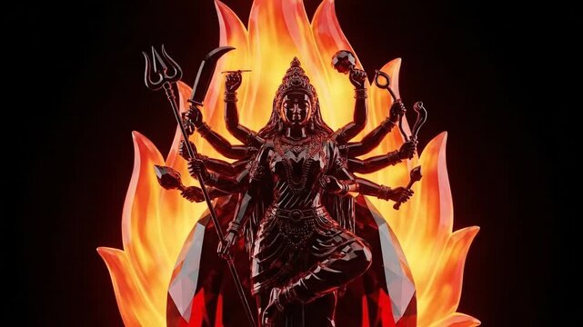 Multiarmed goddess statue with flaming backdrop and dramatic lighting.