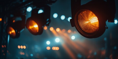 Close-up of professional stage lighting fixtures emitting warm orange glow amidst abstract blue bokeh background and haze, concept for music concerts, nightclub events and theatrical performances