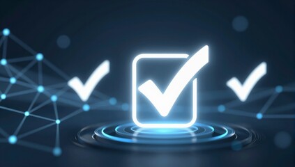 Three glowing checkmarks displayed in a digital network signifying progress and completion
