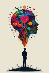 a portrait oriented creative depiction of emotional intelligence, showing abstract symbols of empathy and communication ascending around a calm human silhouette.