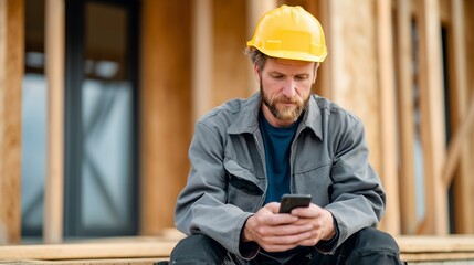Bearded construction foreman in a hard hat uses a smartphone while sitting on a timber-framed building site, concept for construction management, digital communication and worker safety training
