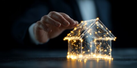 Businessman's hand hovers over glowing digital smart home wireframe model on dark background, concept for real estate investment, housing innovation and security system design