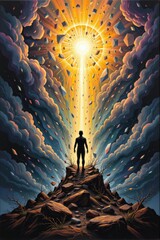 A surreal image in a 2:3 aspect ratio depicting a transformation, showing the shadow of a human figure gradually emerging from the cracked ground below, towards clarity and light above.