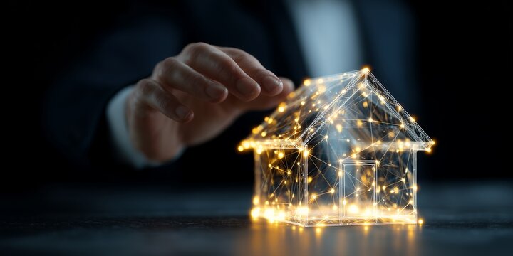 Businessman's hand hovers over glowing digital smart home wireframe model on dark background, concept for real estate investment, housing innovation and security system design - Powered by Adobe