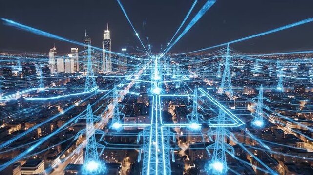 Futuristic City Power Grid Concept - An overhead view of a city at night with stylized glowing blue power lines and electricity pylons visualized above the buildings.