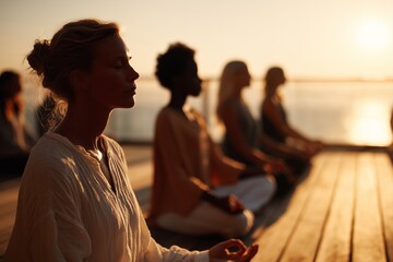 Blonde woman meditating in silhouette with diverse group on a wooden pier at sunset, concept for mindfulness training, spiritual wellness retreats and peaceful lifestyle promotion