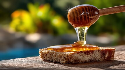 Golden Honey Dripping from Wooden Dipper onto Fresh Bread Slice