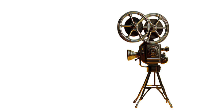 Vintage film movie camera with twin reels classic cinema equipment on tripod isolated on white background