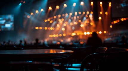 Dark nightclub scene showing a blurred foreground table and chairs against vibrant orange and blue stage bokeh lights, concept for entertainment background, live music poster and event promotion