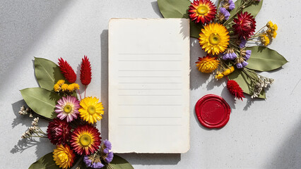 Mockup with wax seal and flowers for Valentine's Day and International Women's Day, ideal for invitations and creative design