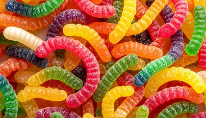 Vibrant gummy worms candy, a colorful and sweet treat for children and adults.