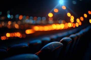 Close-up of dark empty cinema or theater seats in a row with dramatic blue light and glowing orange bokeh background, concept for film promotion, event advertisement and background design