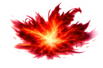 Bursting red energy explosion with fire, heat, and glowing orange flame sparks, isolated on transparent background