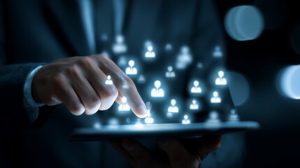 A business executive is tapping glowing digital user icons displayed on a tablet screen in a dark abstract setting, concept for global networking, CRM solutions and target audience connection