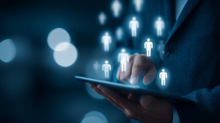 Executive's hand using a tablet displaying glowing digital human icons, concept for HR management, social networking and global recruitment