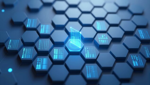 A digital network of glowing hexagonal nodes displaying data and binary code in a futuristic design