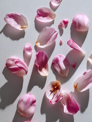 tender pink tulip petals scattered on white background, generative ai