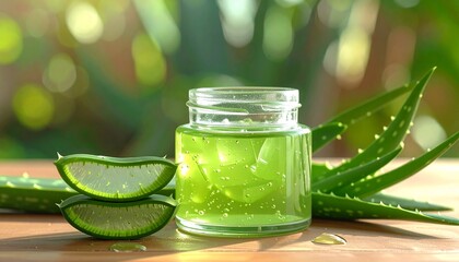 Refreshing green aloe vera gel in a clear jar surrounded by fresh plant leaves and slices.