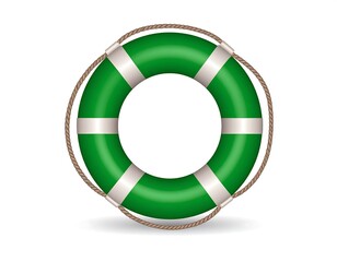 Bright green life preserver ring with white stripes, encircled by a tan rope, casts a soft shadow on a white backdrop