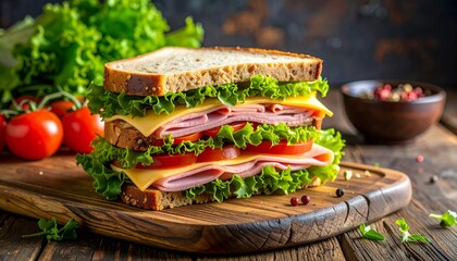 Delicious stacked ham and cheese sandwich with fresh lettuce and tomatoes, ready to eat.