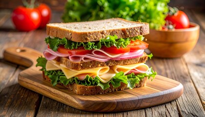 Hearty stacked sandwich packed with fresh ingredients on rustic wooden board