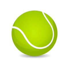 Bright green tennis ball with white seam, casting subtle shadow on a white background, isolated