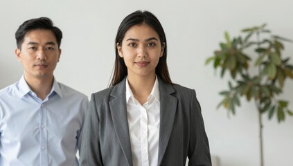 A professional Asian man and a young Indian woman stand together both dressed in business attire