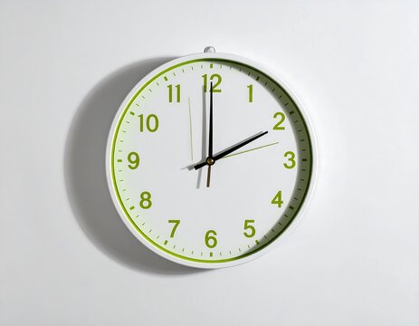 A simple round clock with a white face and green numerals, hands at two o'clock. Its shadow is cast on a plain white wall