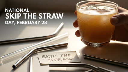 Hand holding a glass of iced beverage on a table with metal straws and a sign that reads Skip the Straw on National Skip The Straw Day