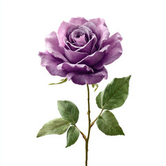 Obraz premium Purple rose blooming with green leaves on white background