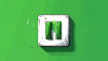 Bright green pause button with sketchy details and splatters, casting a diagonal shadow on a textured green surface