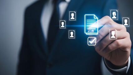 Businessman interacting with digital document icons