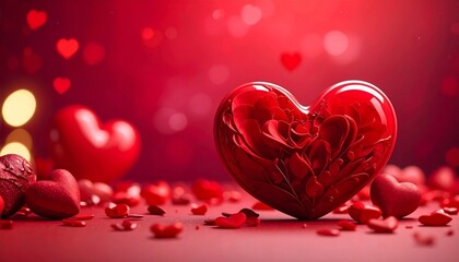 Glossy red heart on glowing red background with scattered hearts and dreamy romantic atmosphere